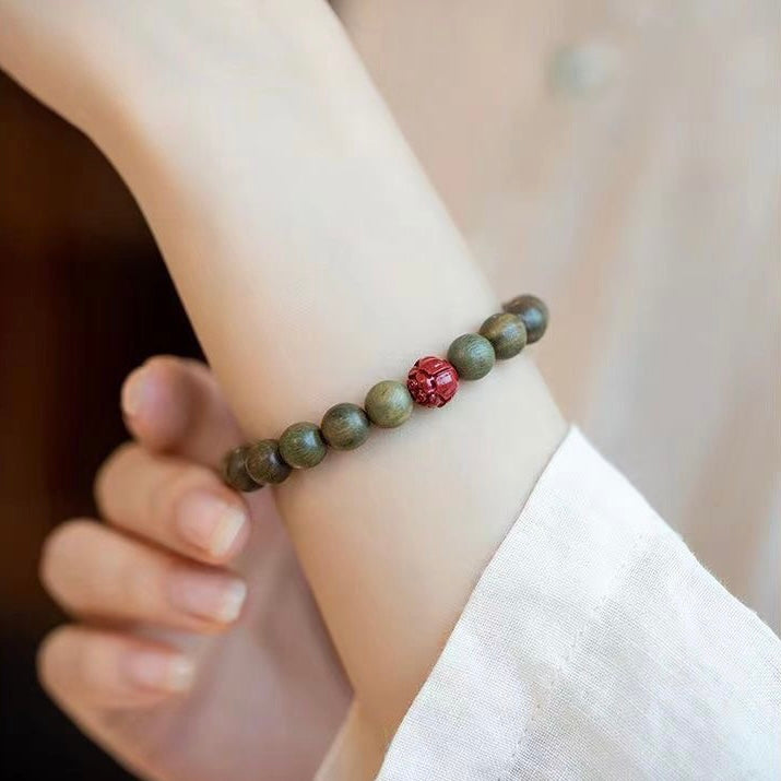 Green Sandalwood Lotus Flower Cinnabar Bracelet