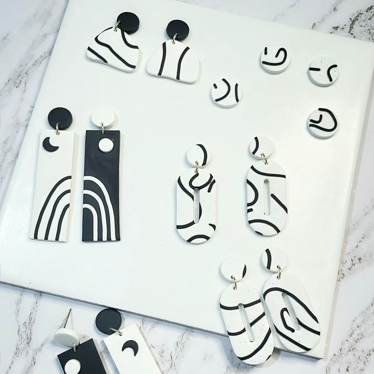 Black and White Line Clay Earrings